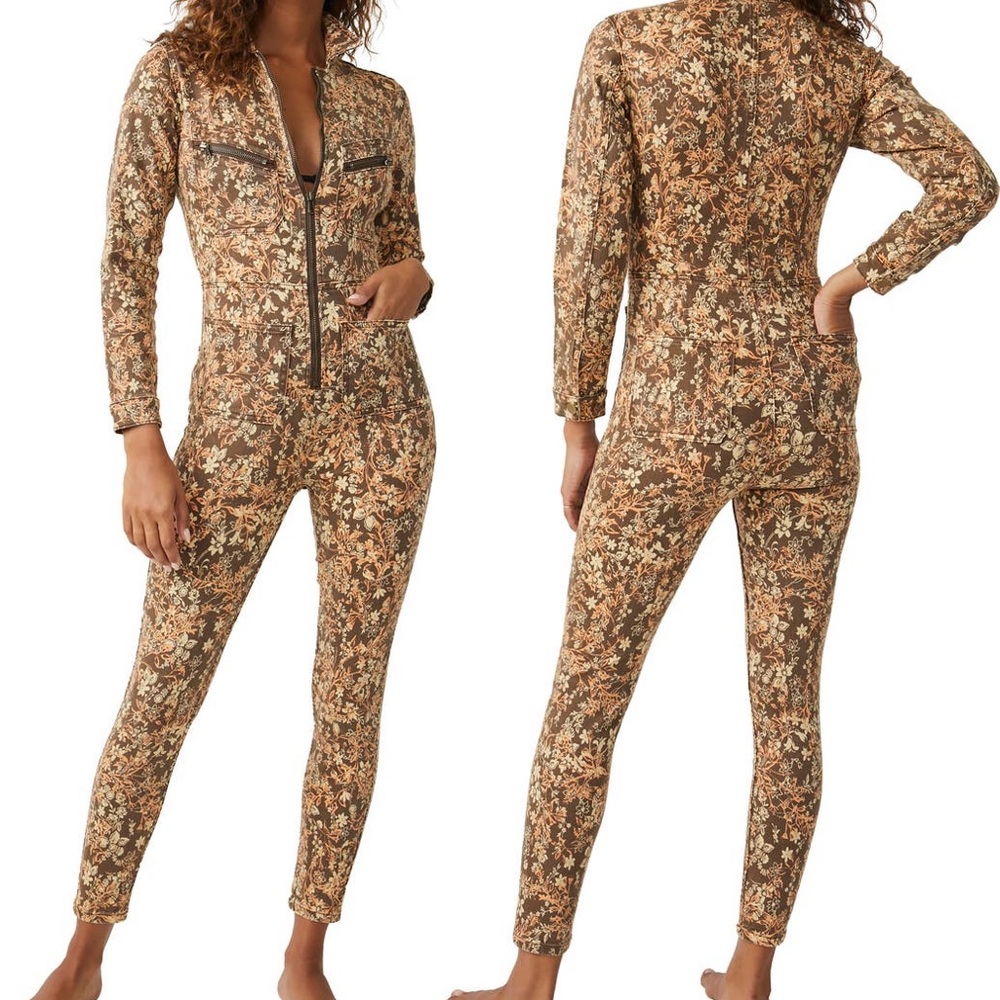 NWT! FREE PEOPLE Lennox Printed Jumpsuit Cappuccino Combo Large Floral Brown